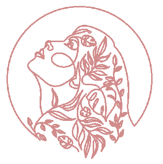 Un dibujo de la cara de una mujer con flores y hojas en un círculo.