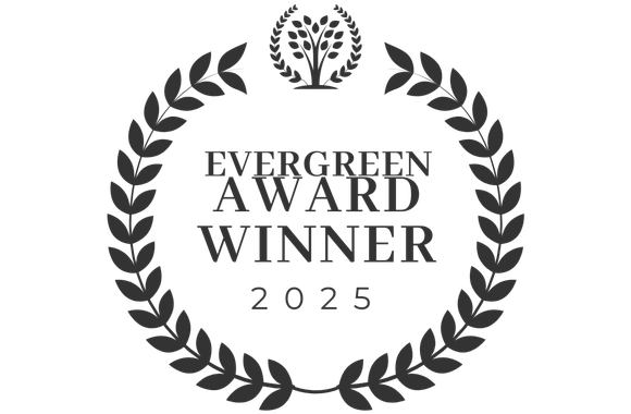 Evergreen Award Winner 2025 badge: laurel wreath surrounding text and a small tree icon.