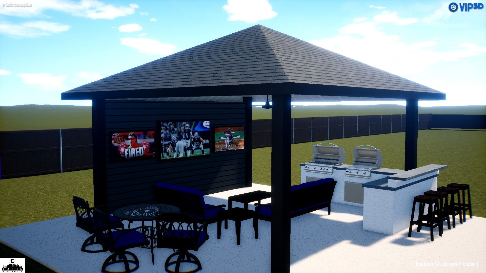 A covered outdoor patio featuring a wall-mounted TV, seating, and an L-shaped bar with grills on a concrete slab.