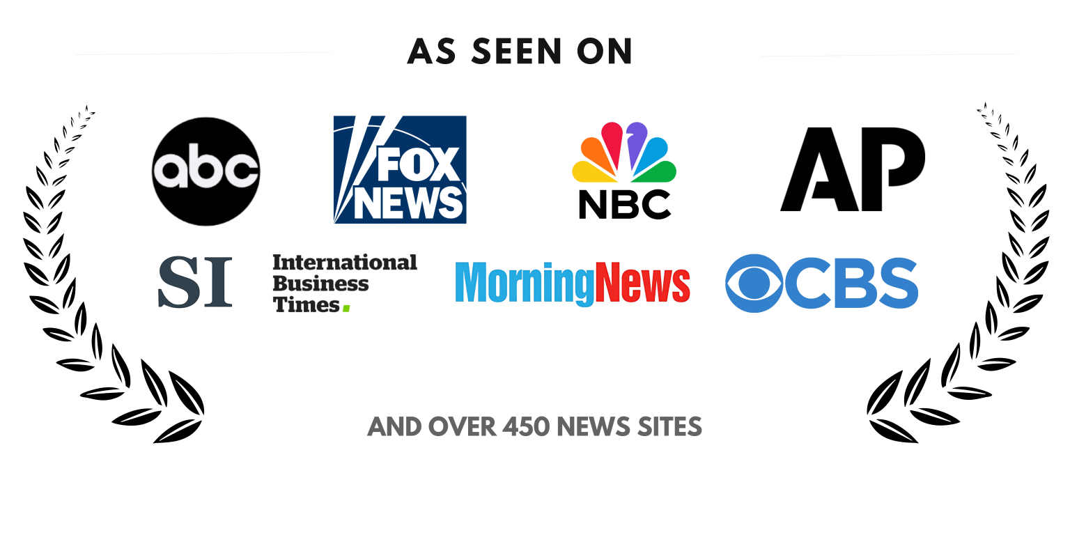 Logos of news outlets including ABC, Fox News, NBC, AP, and CBS, with a laurel wreath and the text 