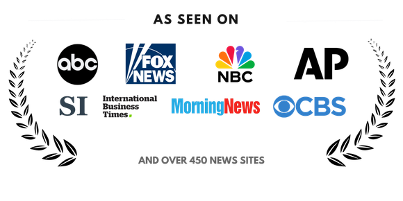 Logos of news outlets including ABC, Fox News, NBC, AP, and CBS, with a laurel wreath and the text 