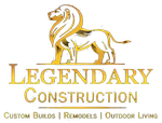 Golden lion above "Legendary Construction" logo, with "Custom Builds | Remodels | Outdoor Living".