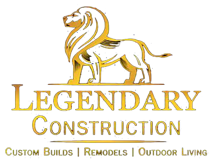 Golden lion above "Legendary Construction" logo, with "Custom Builds | Remodels | Outdoor Living".