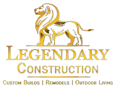 Golden lion above "Legendary Construction" logo, with "Custom Builds | Remodels | Outdoor Living".