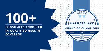 A blue banner that says 100+ consumers enrolled in qualified health coverage