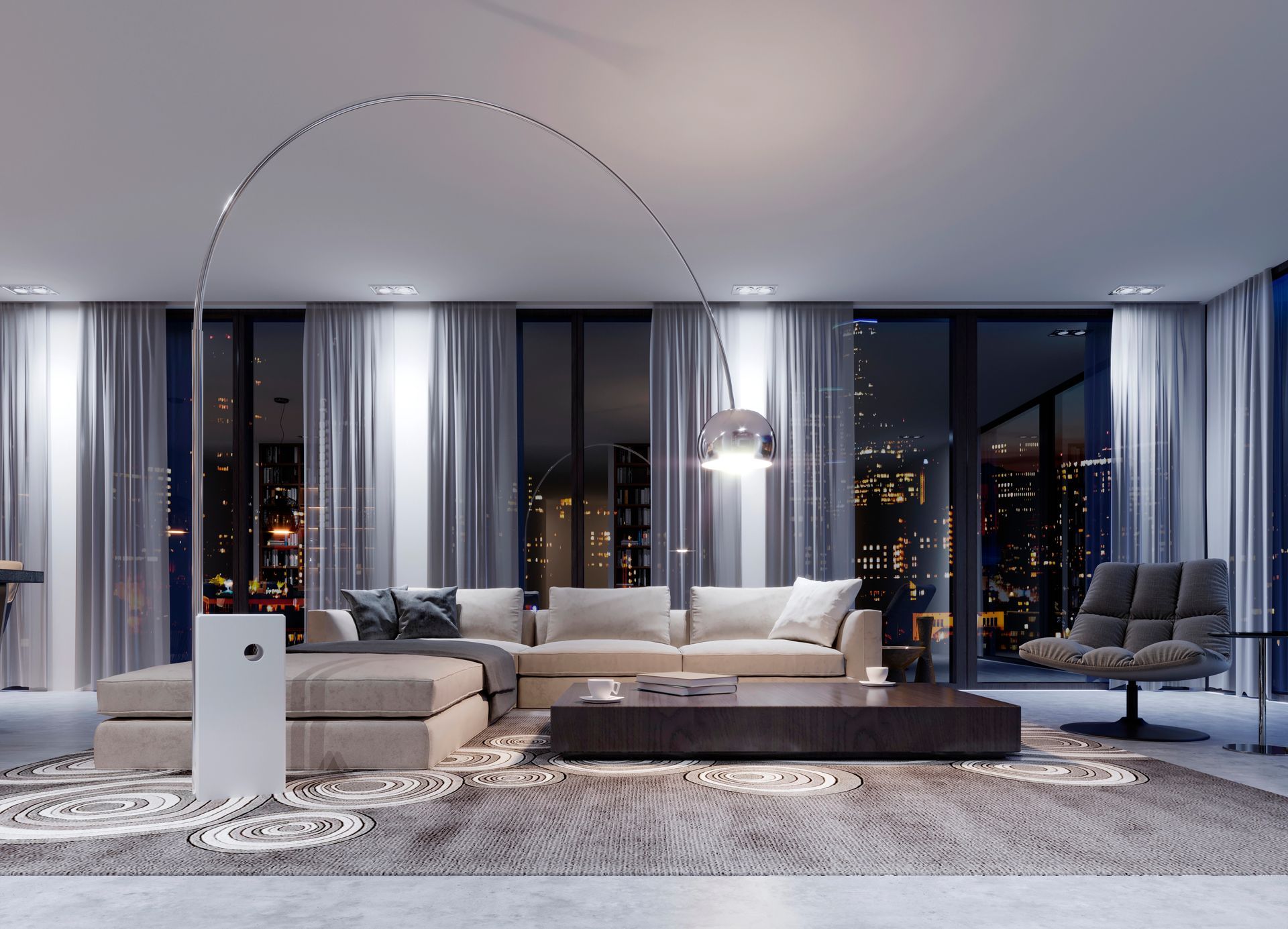 Cucina moderna con mobili in legno, parete blu navy ed elettrodomestici in acciaio inossidabile.