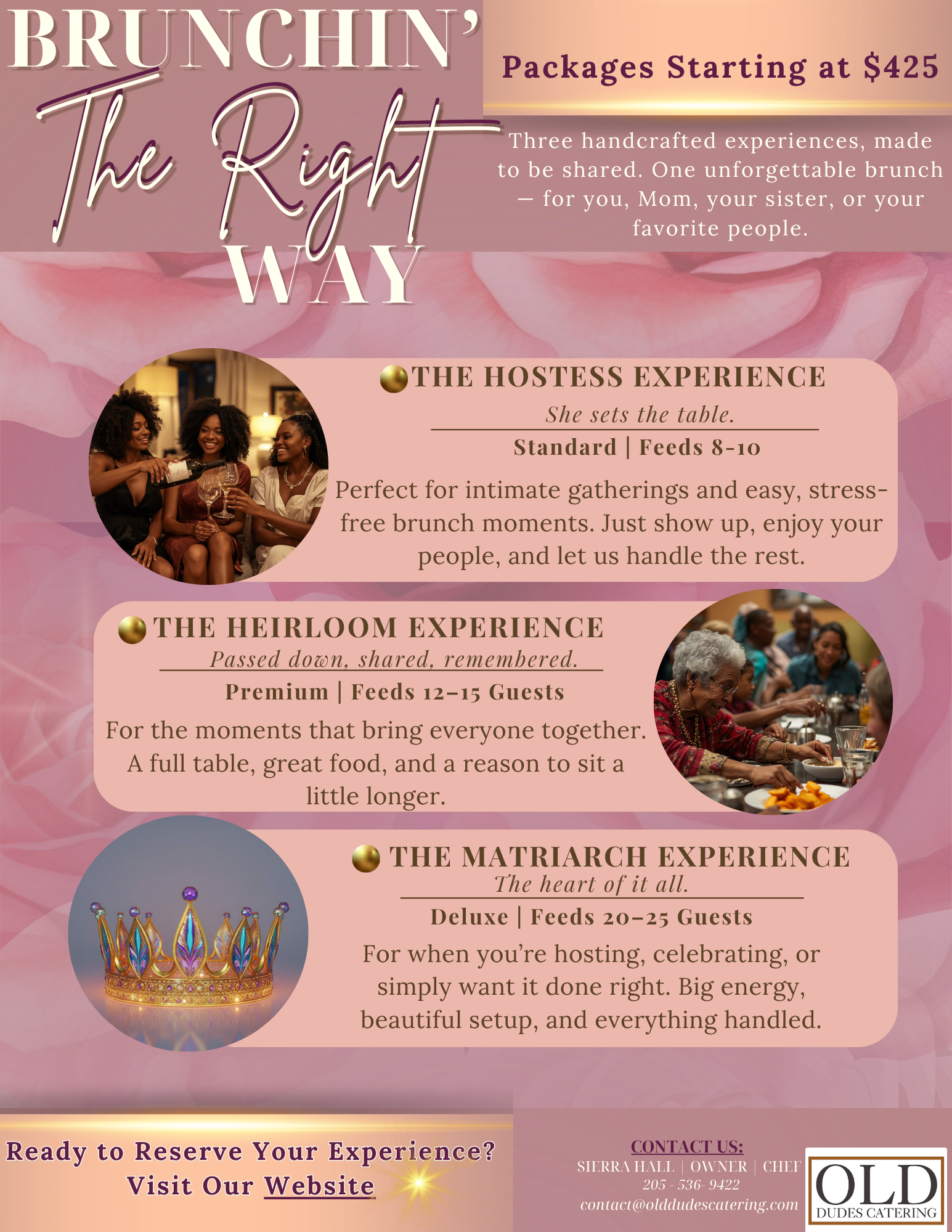 three brunch catering packages, featuring photos of a dinner party, a group meal, and a crown.