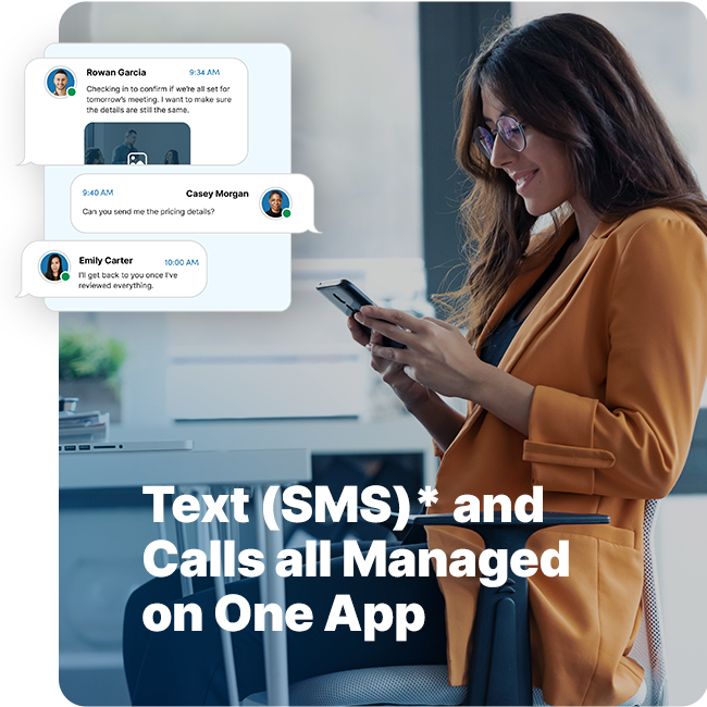 Woman texting on phone, managing calls and texts on one app.