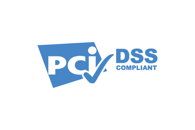 Blue PCI DSS compliant logo with a check mark.