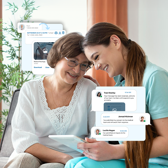 Woman and senior looking at tablet together, smiling. Floating chat bubbles with messages.