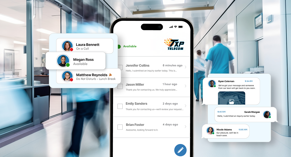 Smartphone app interface in a hospital hallway setting, with user profiles and chat bubbles.