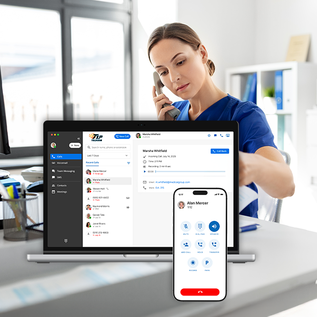 Woman in scrubs on phone, using laptop and smartphone with TXP Telecom calling interface in office.