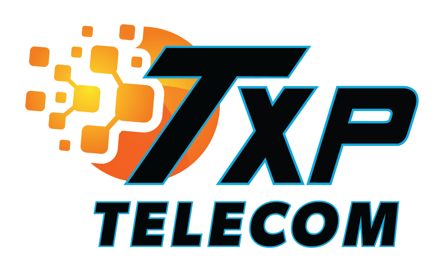 Logo for TXP Telecom: Black TXP letters with blue outline, orange and yellow digital cloud, blue 