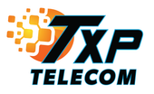 Logo for TXP Telecom: Black TXP letters with blue outline, orange and yellow digital cloud, blue 