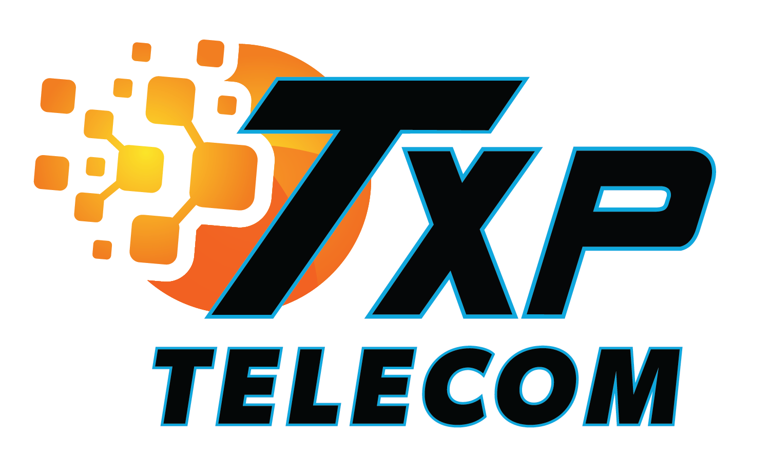 Logo for TXP Telecom: Black TXP letters with blue outline, orange and yellow digital cloud, blue 
