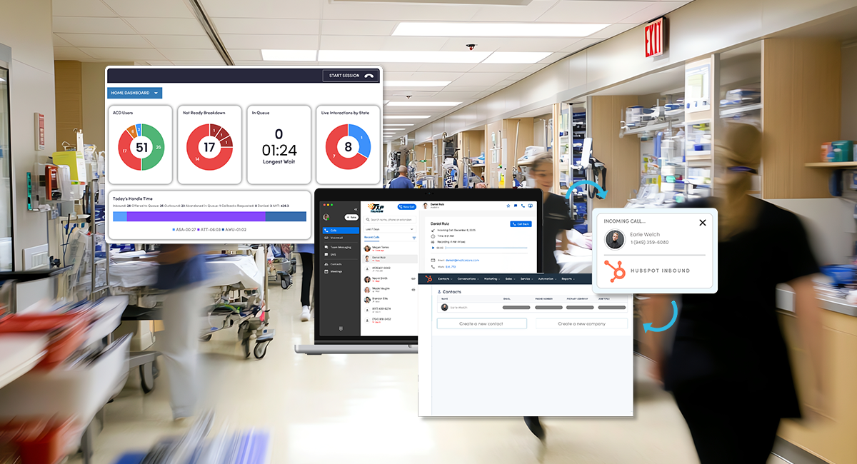 A blurred hospital hallway with overlaid data dashboards showing charts and patient information.