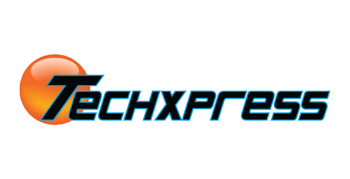Logo of "TechXpress" with orange sphere and blue text.