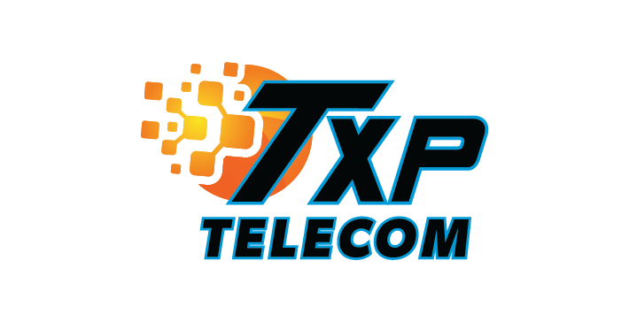 Logo for TXP Telecom: Black "TXP" with orange and yellow digital cloud, "TELECOM" in blue below.