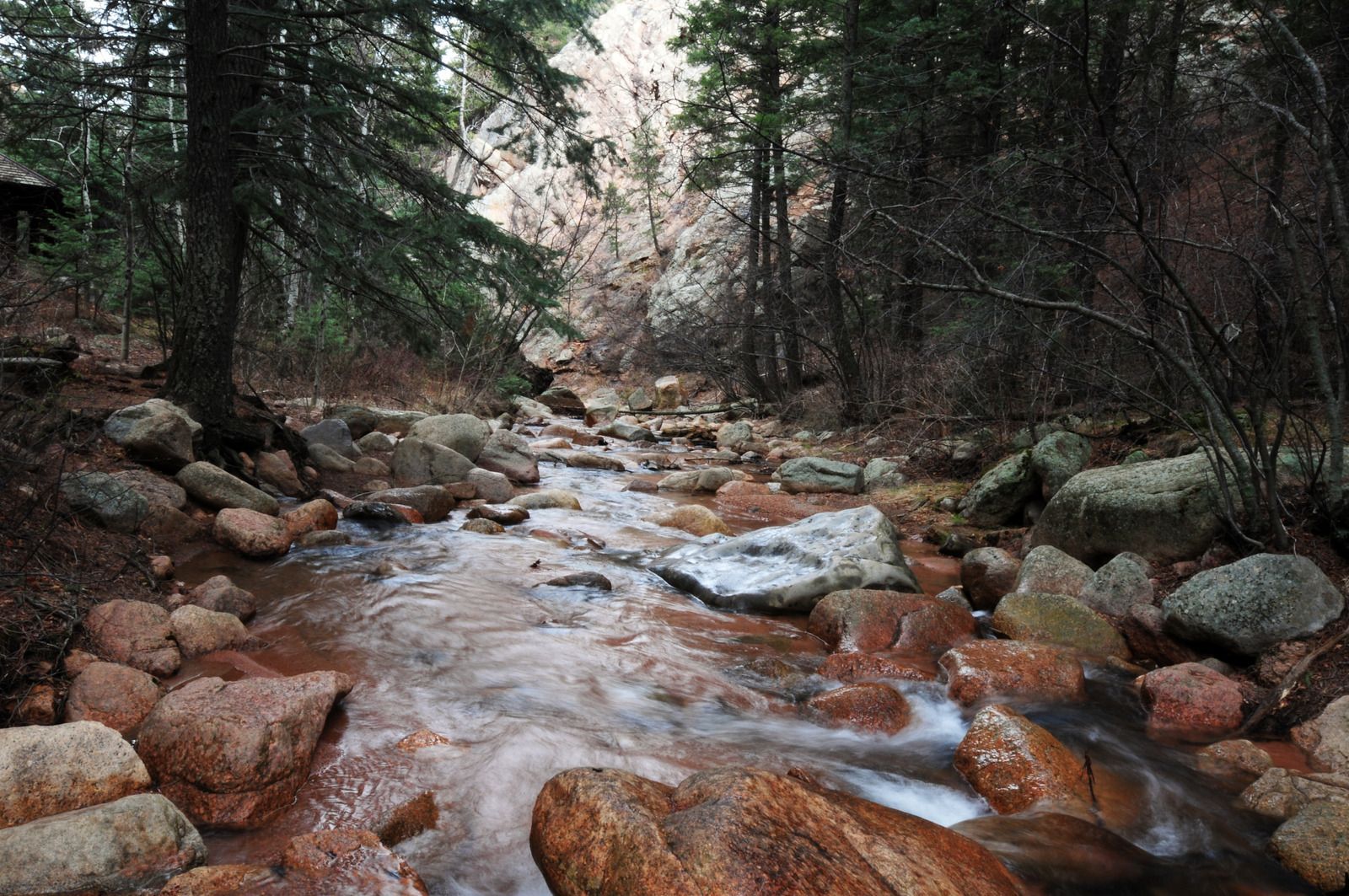 A stream running through a forest surrounded by rocks and trees.
