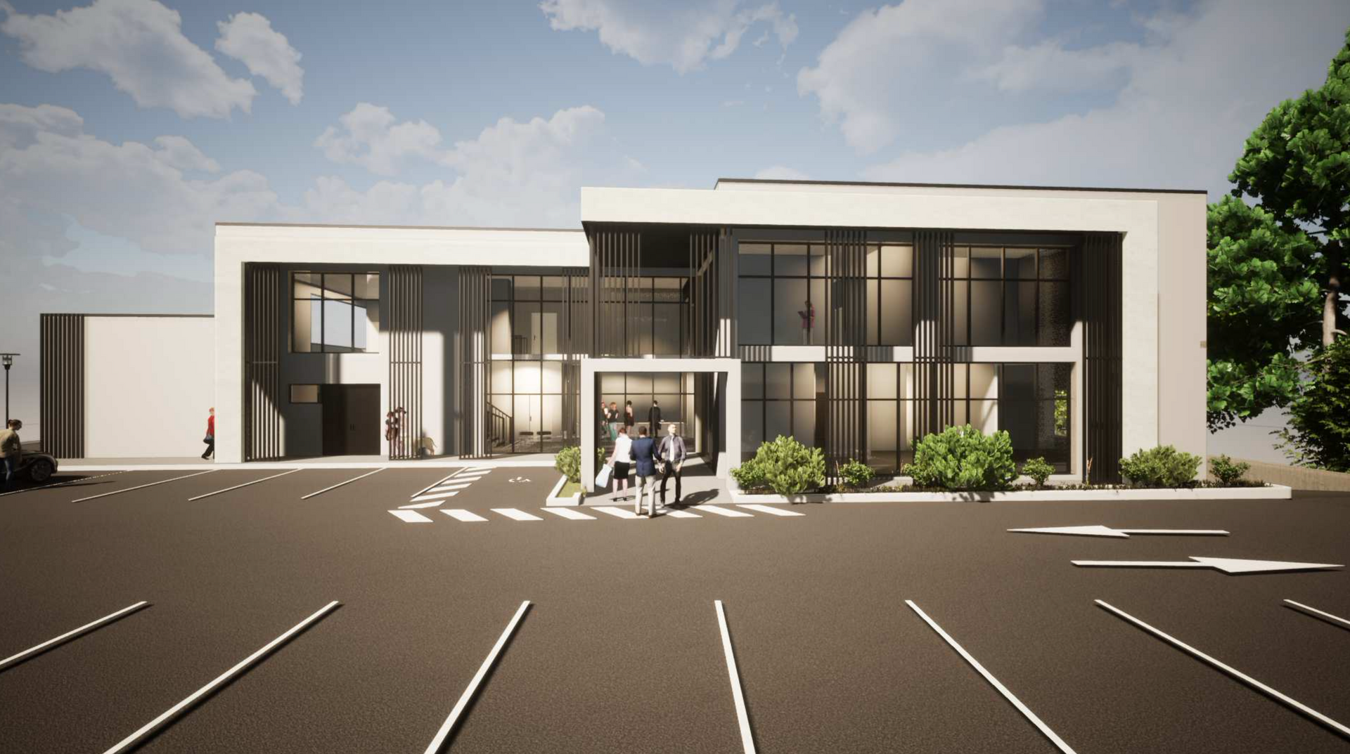 Bâtiment moderne avec de grandes fenêtres, des poutres verticales brunes et un toit plat.