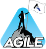 An agile logo with a man holding a flag on top of a mountain