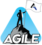 An agile logo with a man holding a flag on top of a mountain