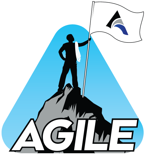 An agile logo with a man holding a flag on top of a mountain