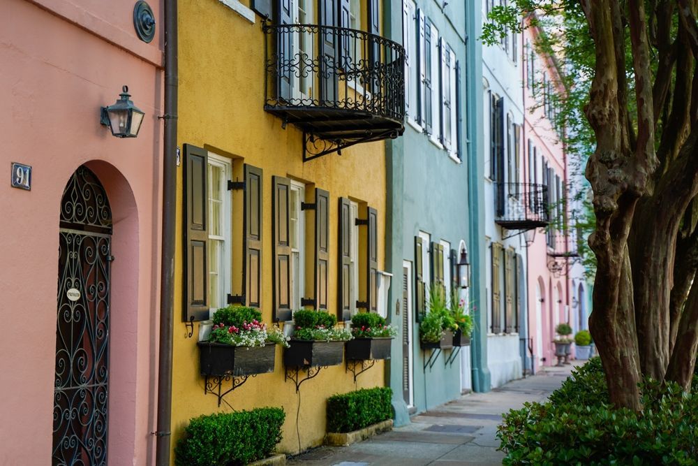 Colorful row houses with black shutters and window boxes line a Charleston street.