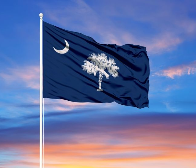 South Carolina state flag: indigo with crescent moon and palmetto tree waving against sunset sky.