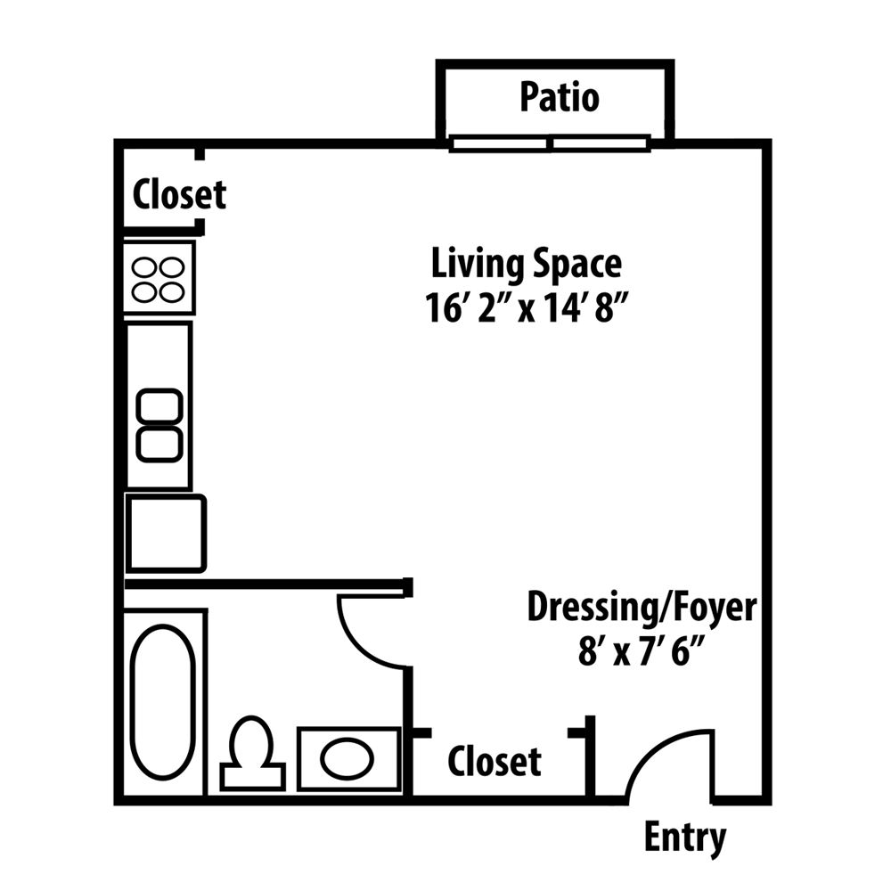 Floor plan of a studio apartment with living space, dressing/foyer, patio, closet, entry, and kitchen.