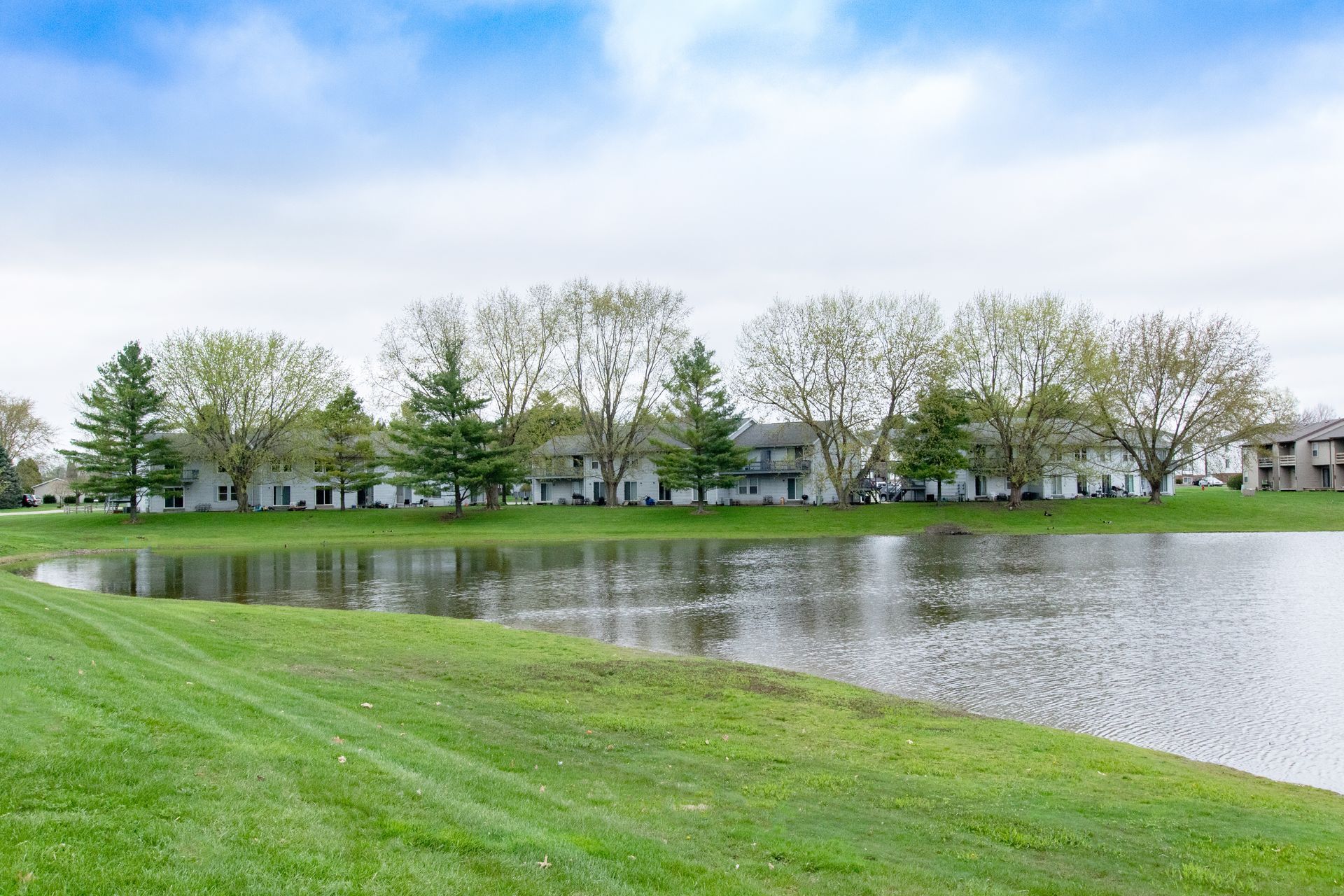 Lakeside view with green grass, water, and row of white buildings partially obscured by trees under a cloudy sky.