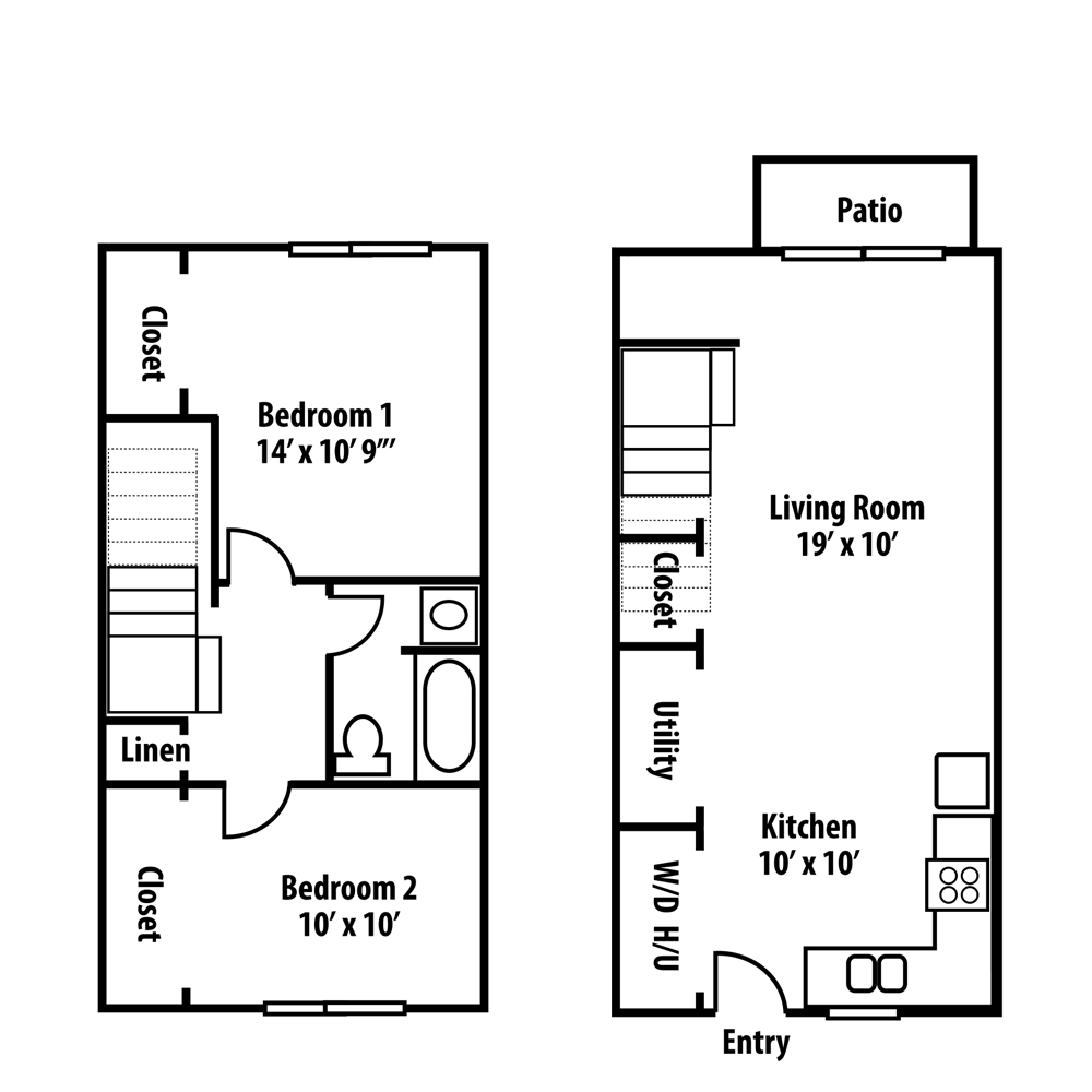 Floor plan of a two-story apartment with two bedrooms, living room, kitchen, and patio.