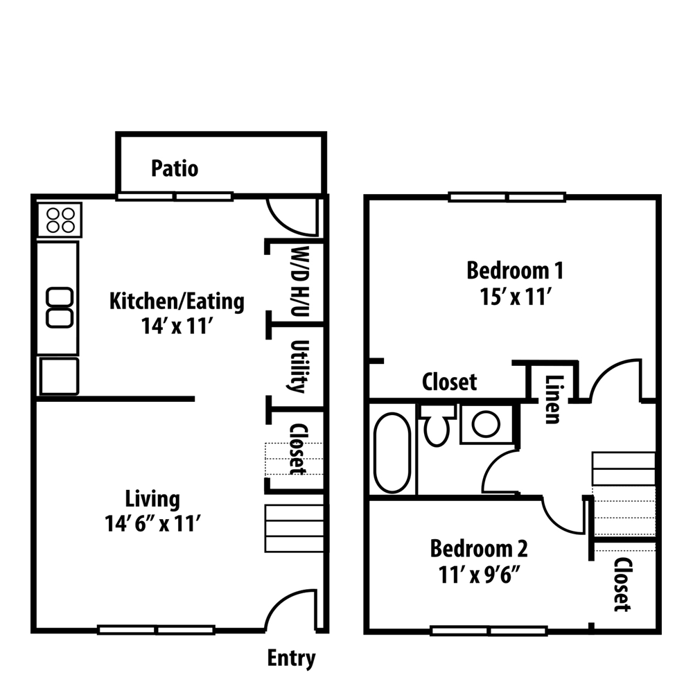 Floor plan of a two-story house with a kitchen, living room, two bedrooms, a patio, and utility room.