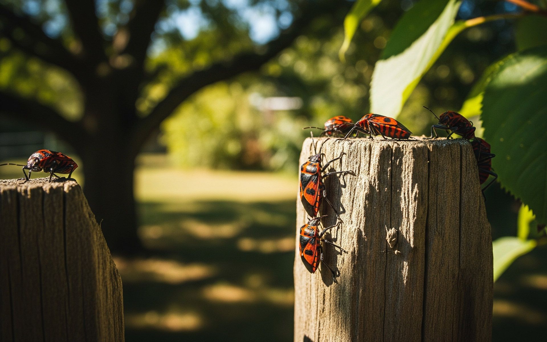 A group of boxelder bugs are sitting on top of a wooden post.