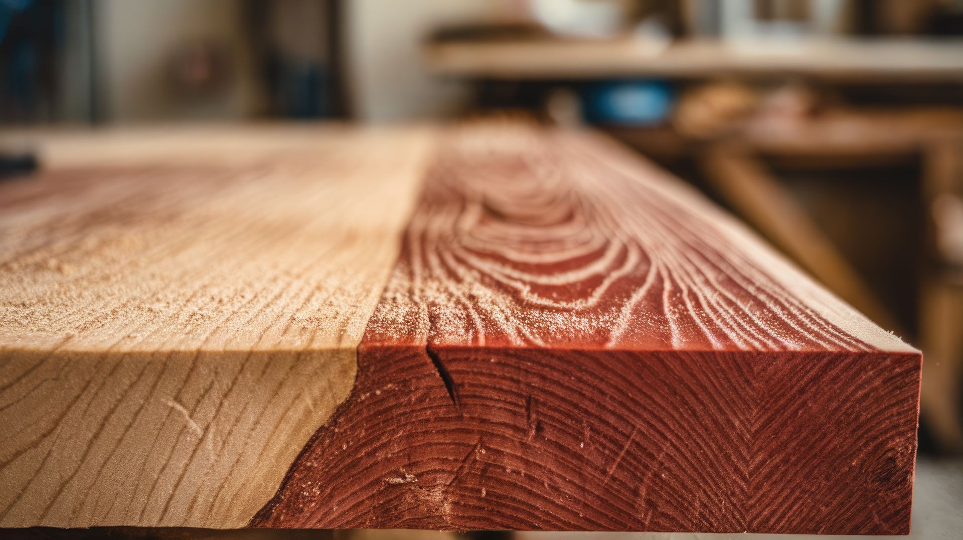 Close-up of a wood surface, half light and half reddish-brown. Sawdust and wood grain visible.