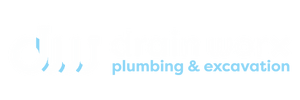 A blue and white logo for drain worx plumbing and excavation company.