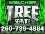 A green and silver sign for melcher tree service