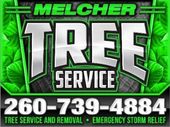 A green and silver sign for melcher tree service