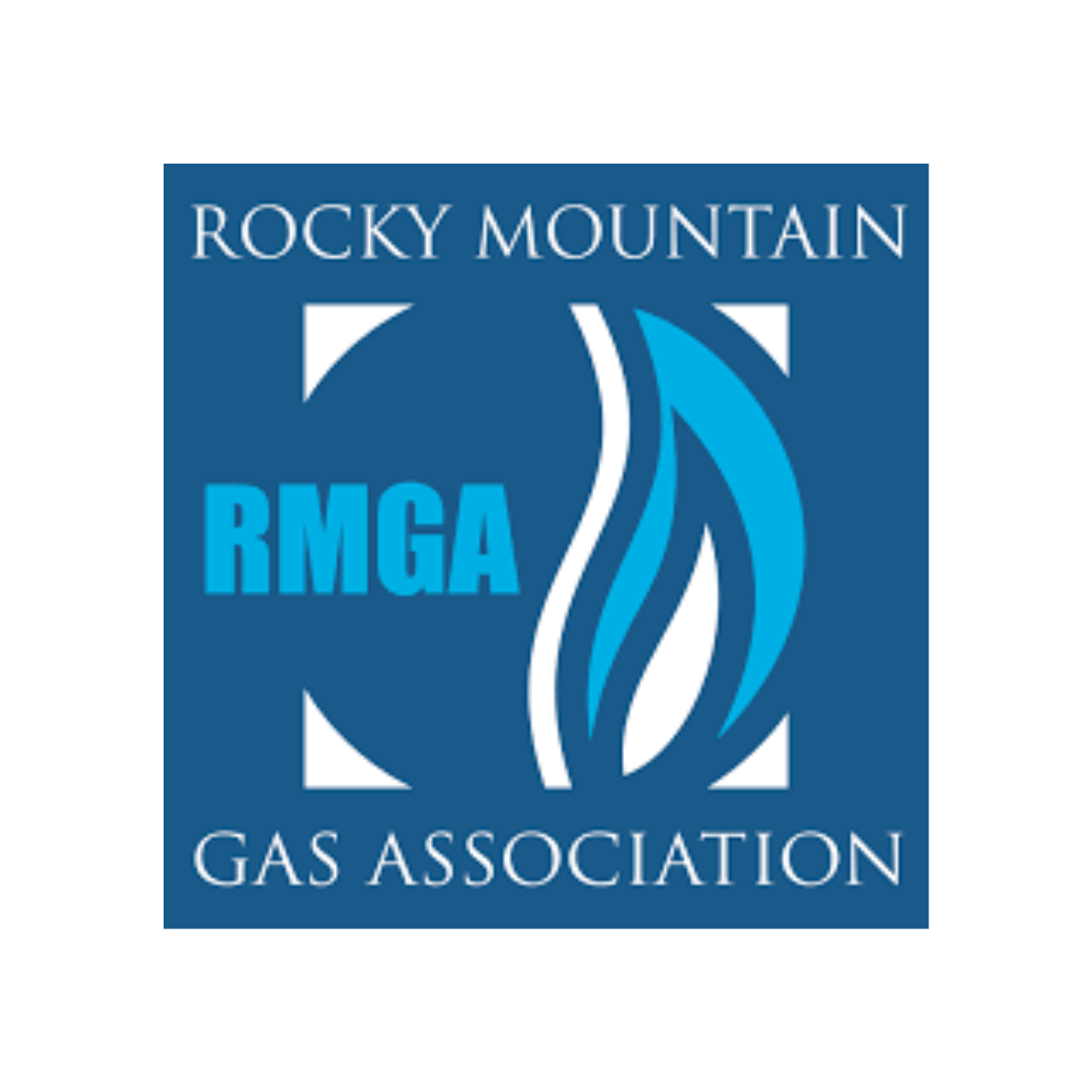 Logo for Rocky Mountain Gas Association; blue square with text and stylized flame.