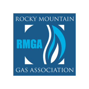 Logo for Rocky Mountain Gas Association; blue square with text and stylized flame.