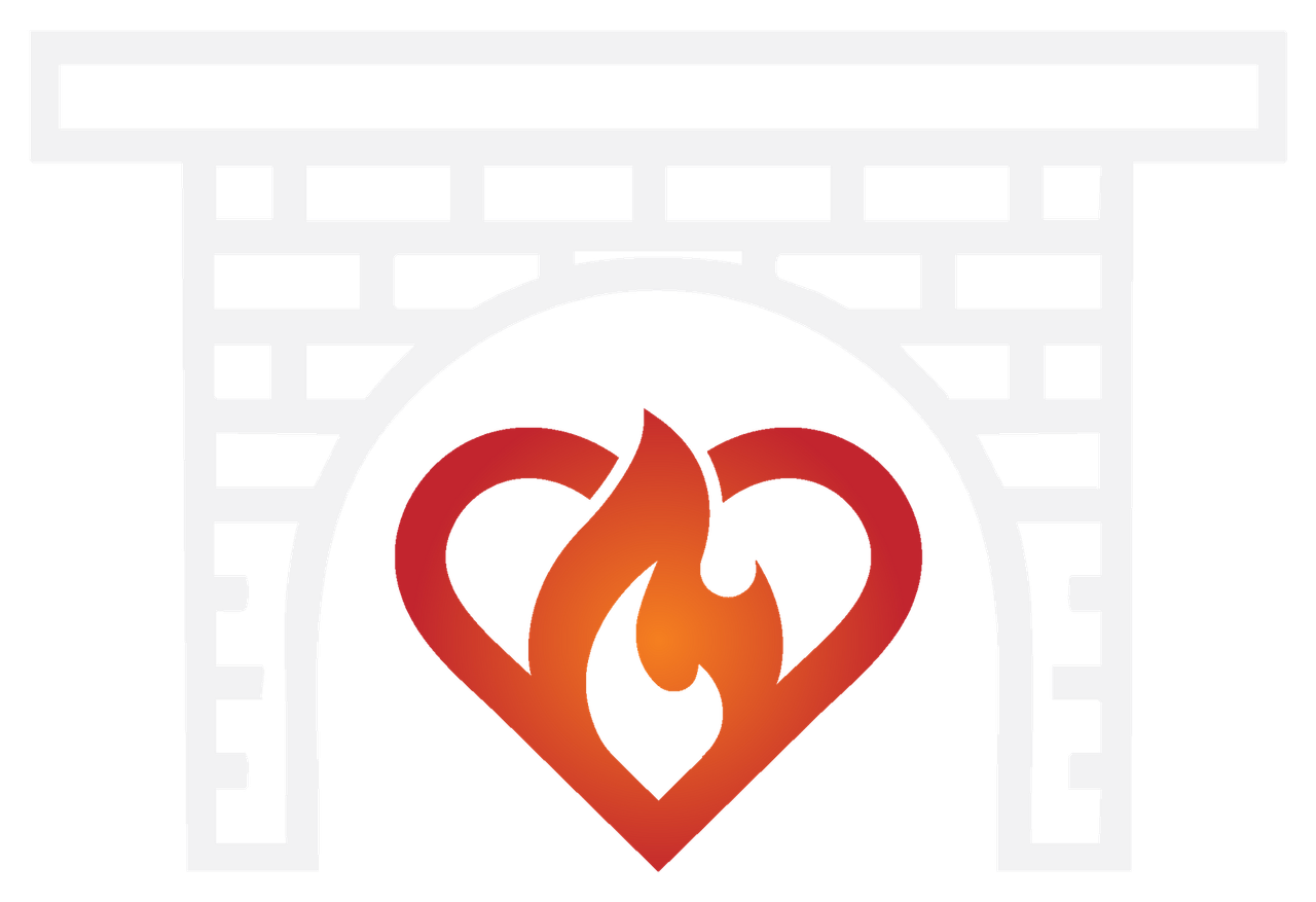Fireplace with a heart-shaped fire, orange flames, brickwork, gray and red tones.