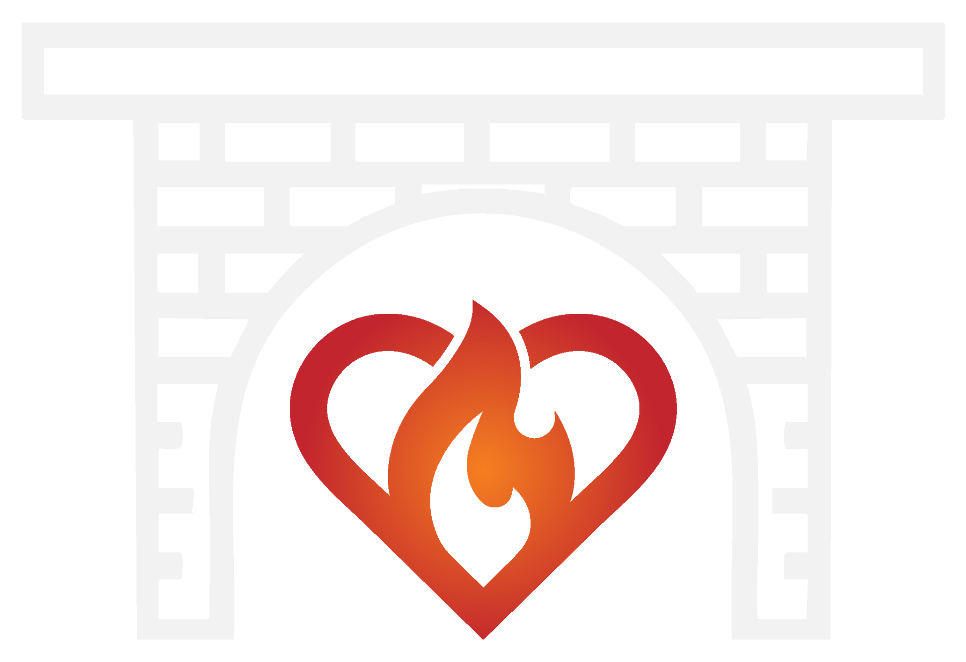Fireplace with a heart-shaped fire, orange flames, brickwork, gray and red tones.