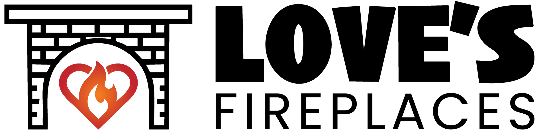 Love's Fireplaces logo: a fireplace graphic with flames inside a heart shape, next to the text 