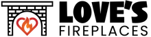 Love's Fireplaces logo: a fireplace graphic with flames inside a heart shape, next to the text 