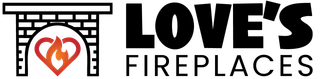 Love's Fireplaces logo: a fireplace graphic with flames inside a heart shape, next to the text 