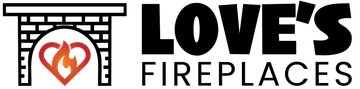 Love's Fireplaces logo: a fireplace graphic with flames inside a heart shape, next to the text 