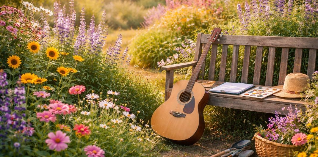 olorful wildflowers surrounding a rustic wooden bench holding an acoustic guitar