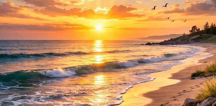 a peaceful shoreline at sunrise, with gentle waves lapping in Bedford Park