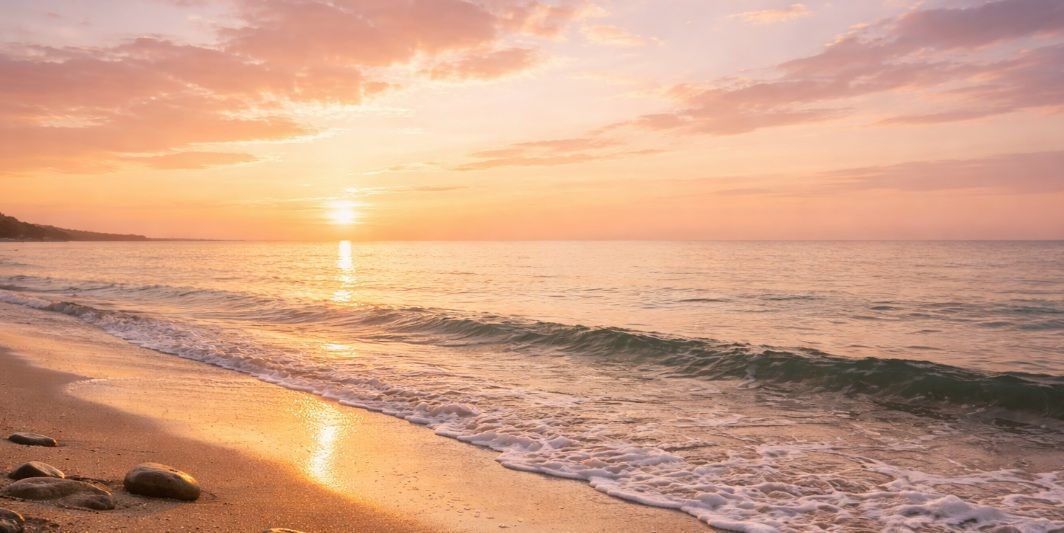 Gentle ocean waves rolling onto a sandy shore at sunrise in Burbank