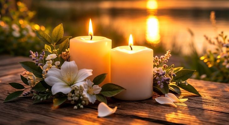 Soft-focus image of two ivory candles glowing side by side in Chicago